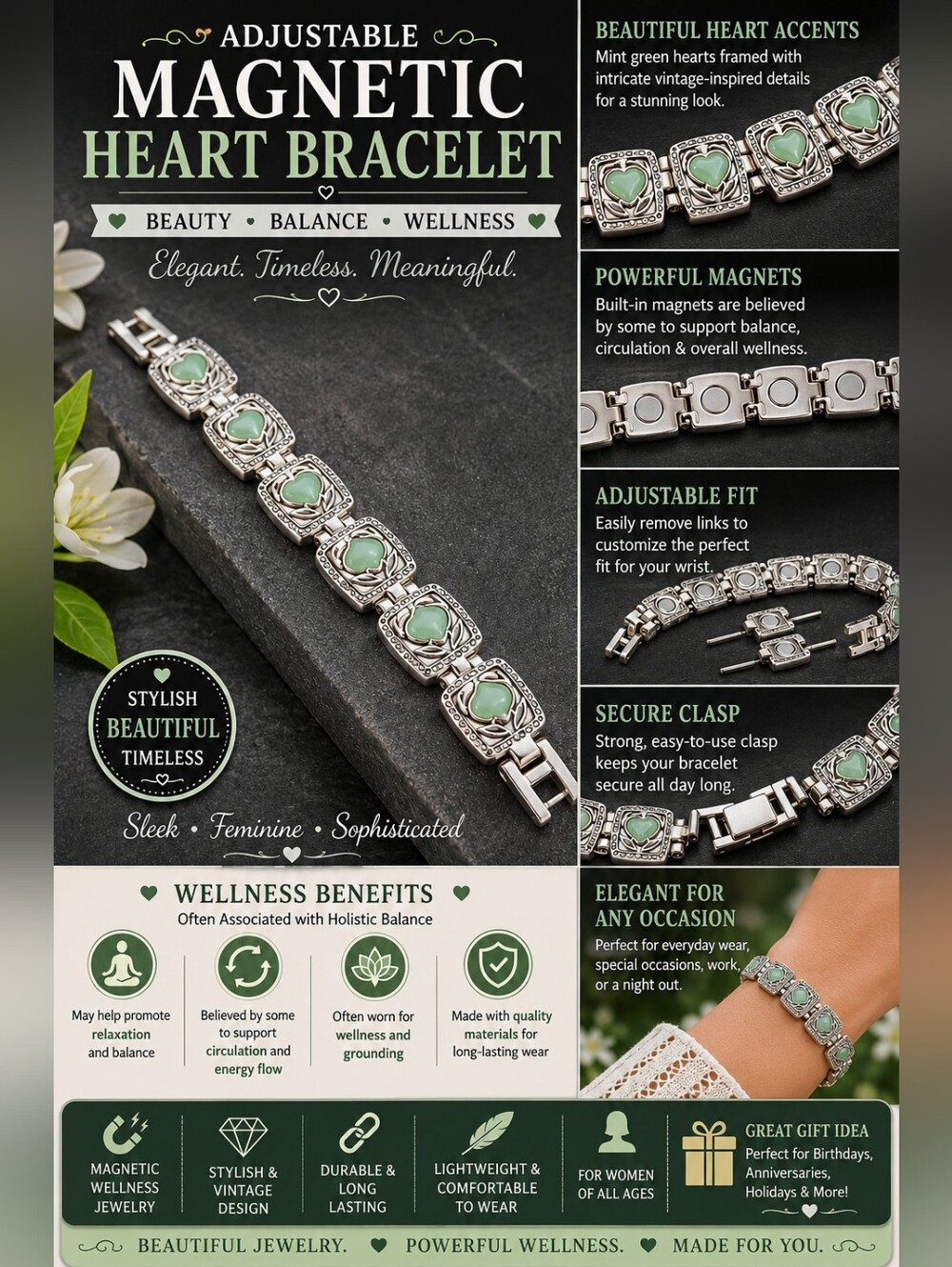 Magnetic Heart Bracelet - Silver with Jade Hearts